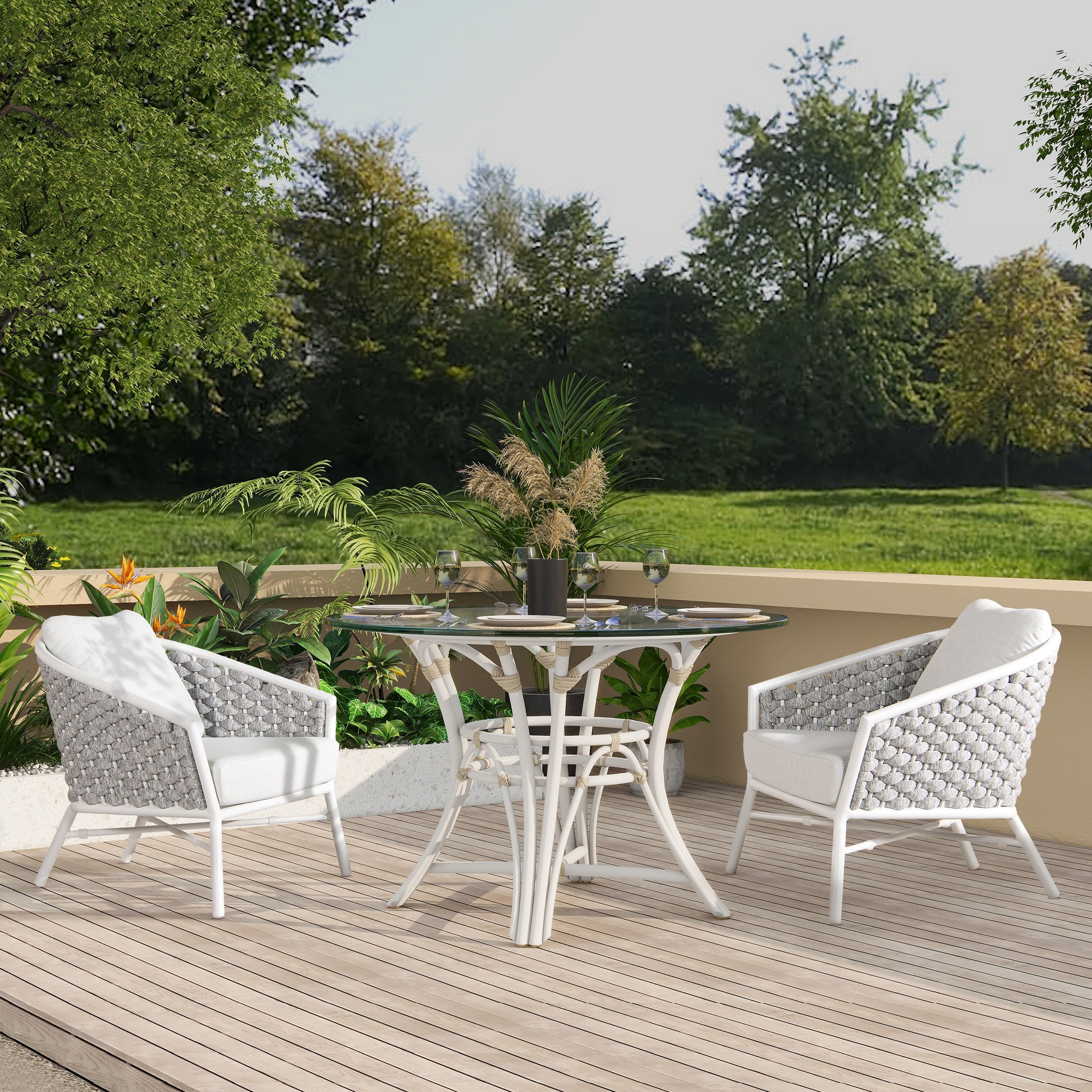 White resin wicker dining set with glass tabletop