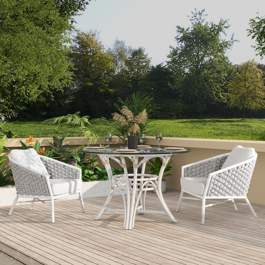 White resin wicker dining set with glass tabletop