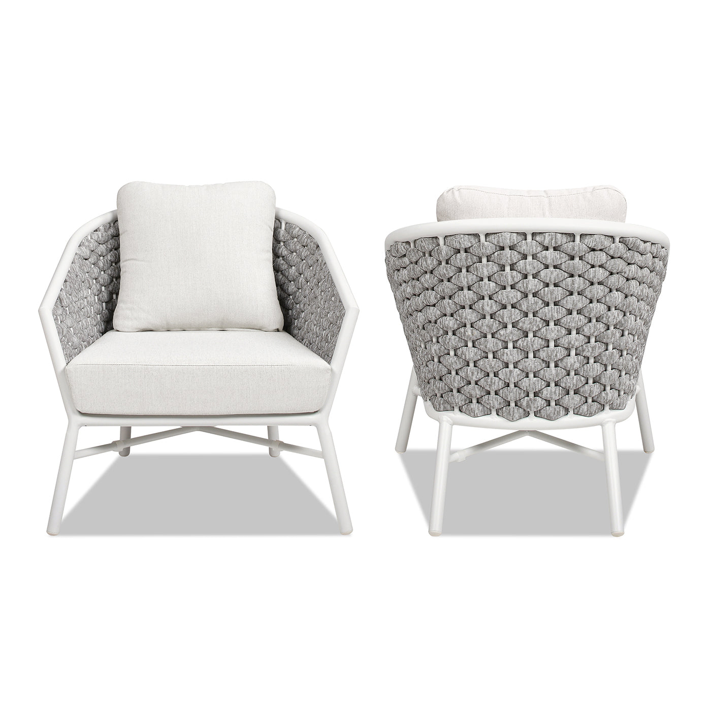 White and grey woven outdoor armchair with plush seat cushion