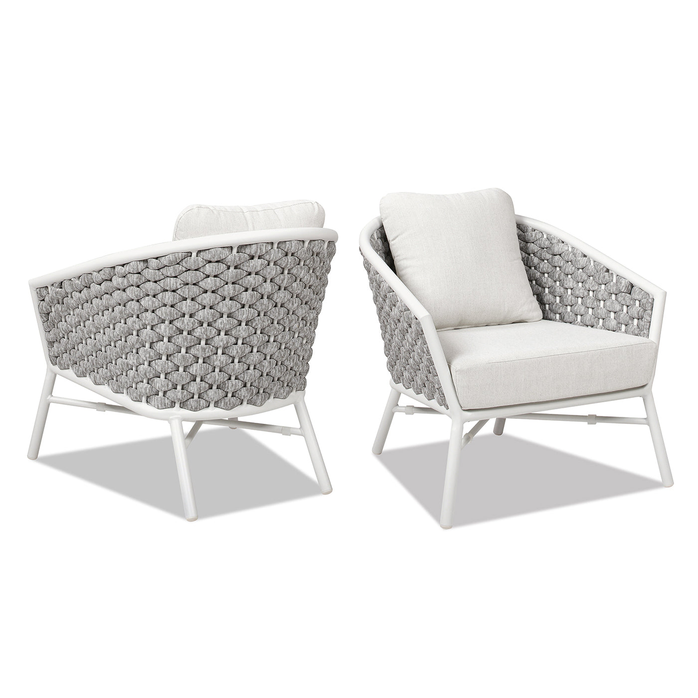 Gray woven outdoor armchair with white frame and cushion