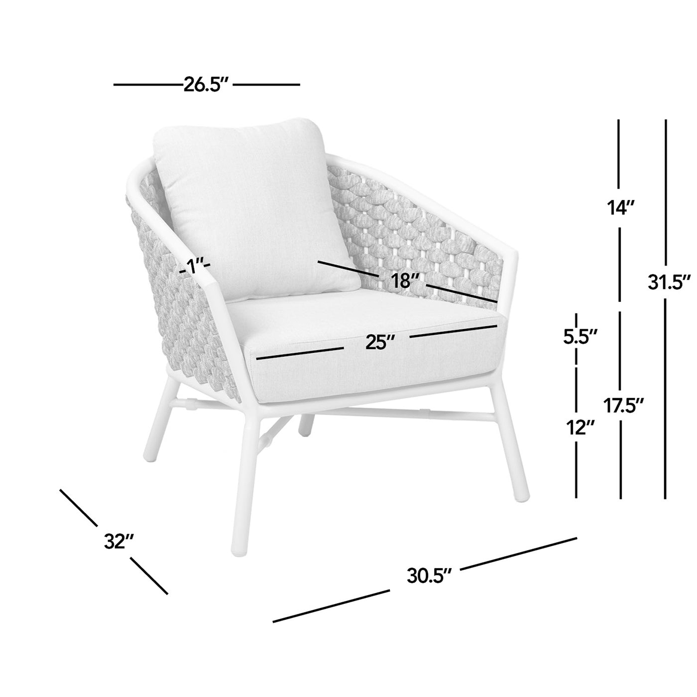 White woven outdoor armchair with grey cushion