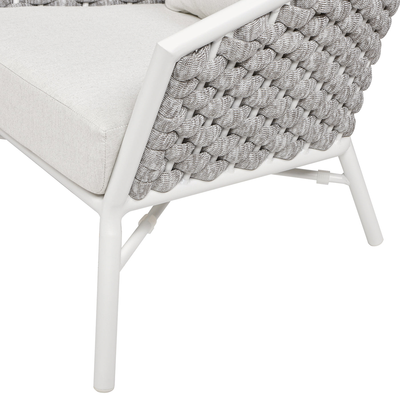 White metal frame sofa with woven grey fabric
