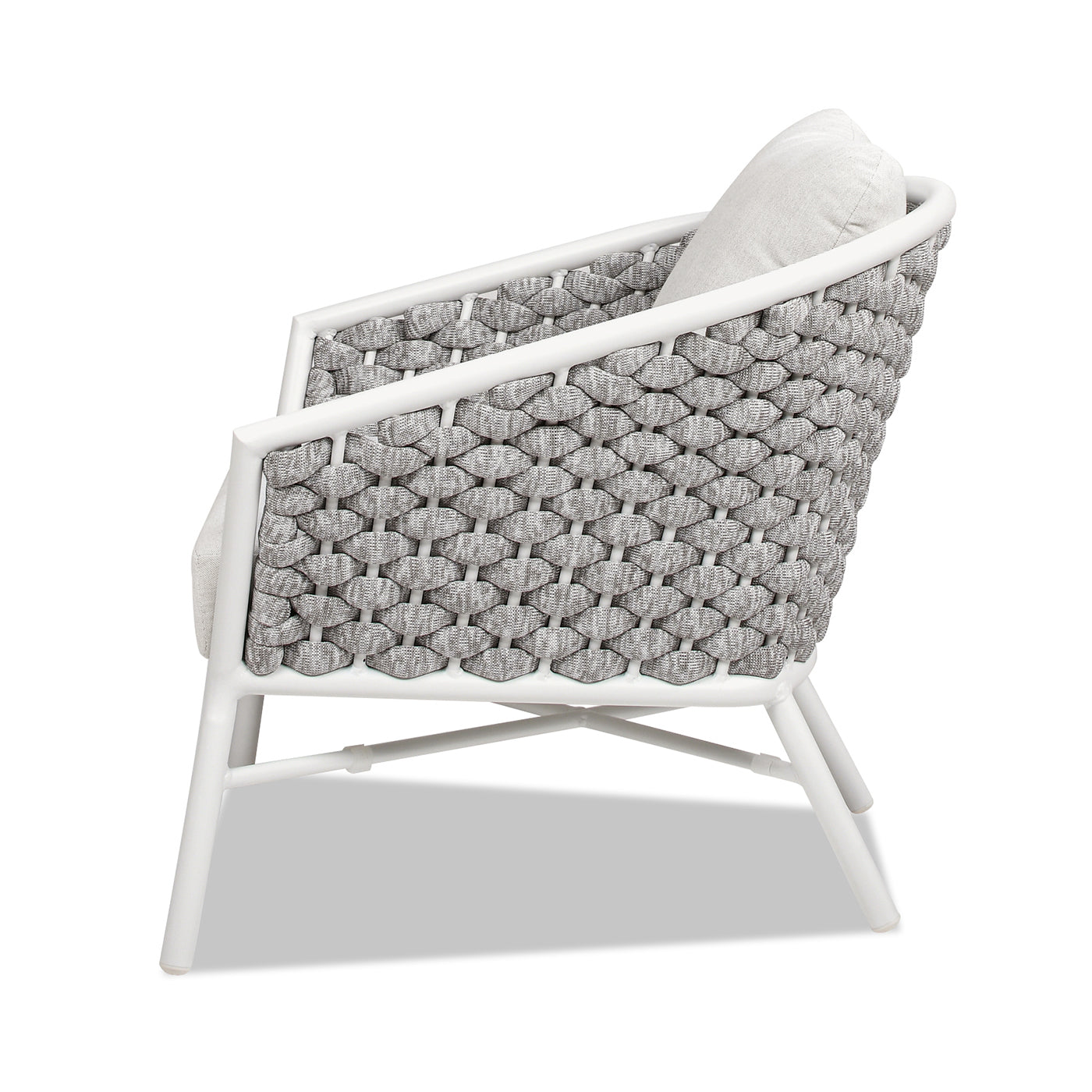 Modern gray woven accent chair with white metal frame and seat cushion