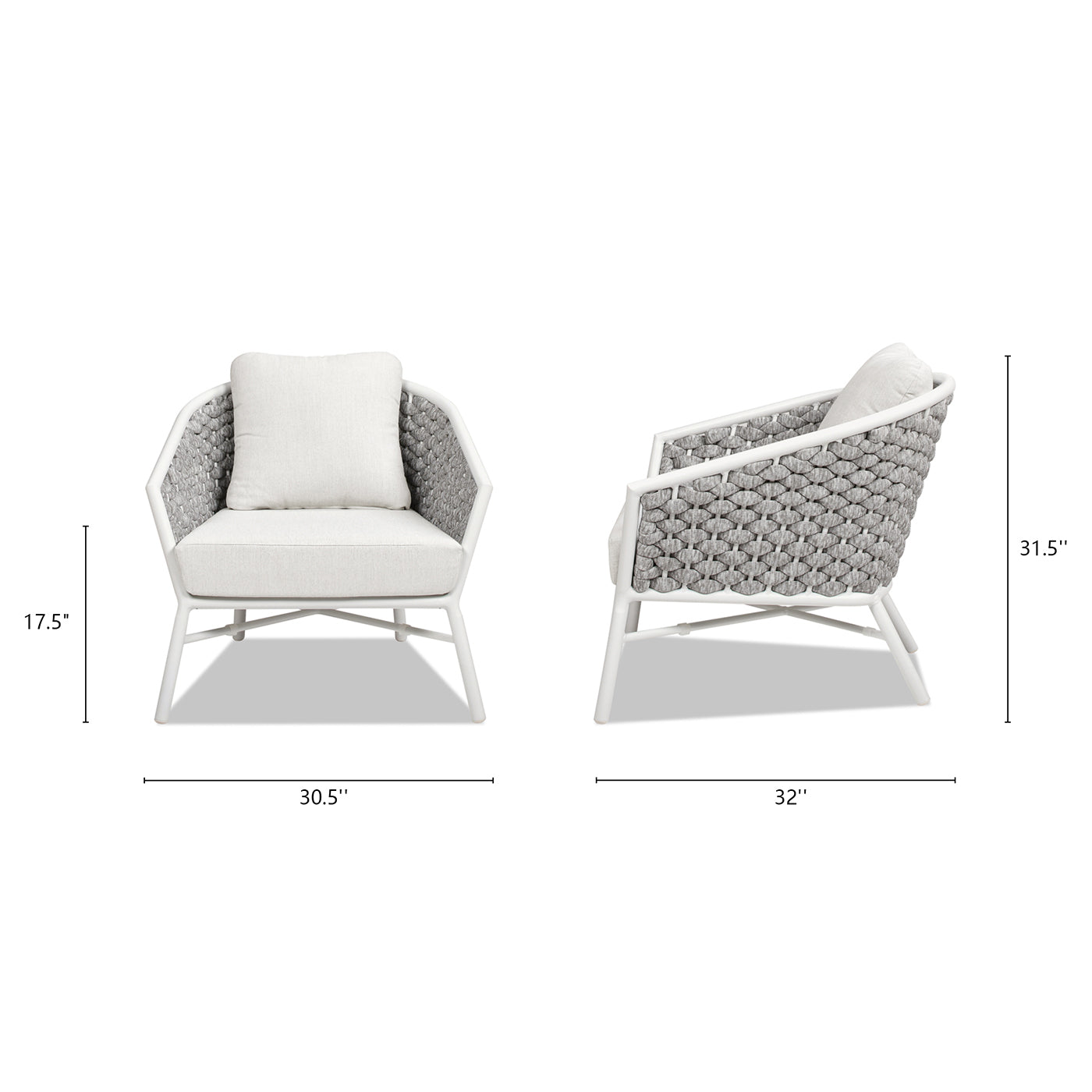 Modern armchair with white frame and grey rope weaving