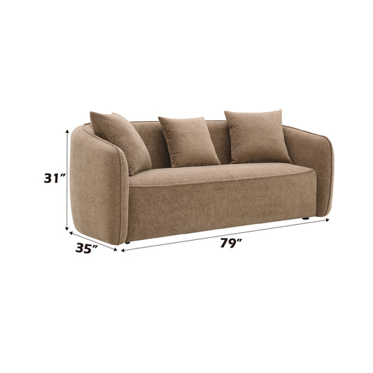 Modern beige boucle sofa with three accent pillows