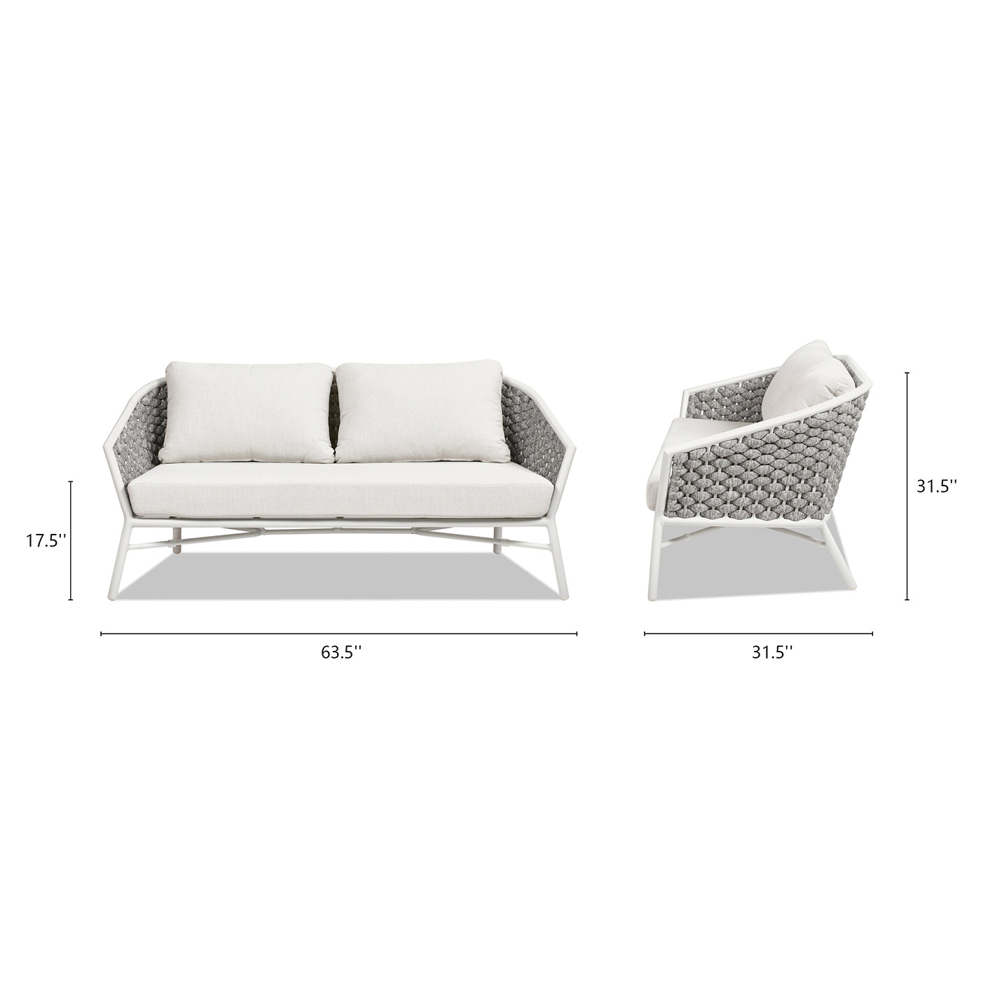 Modern outdoor loveseat with grey woven sides and white cushions