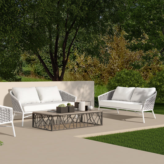 White allweather wicker loveseat with grey woven sides and plush cushions