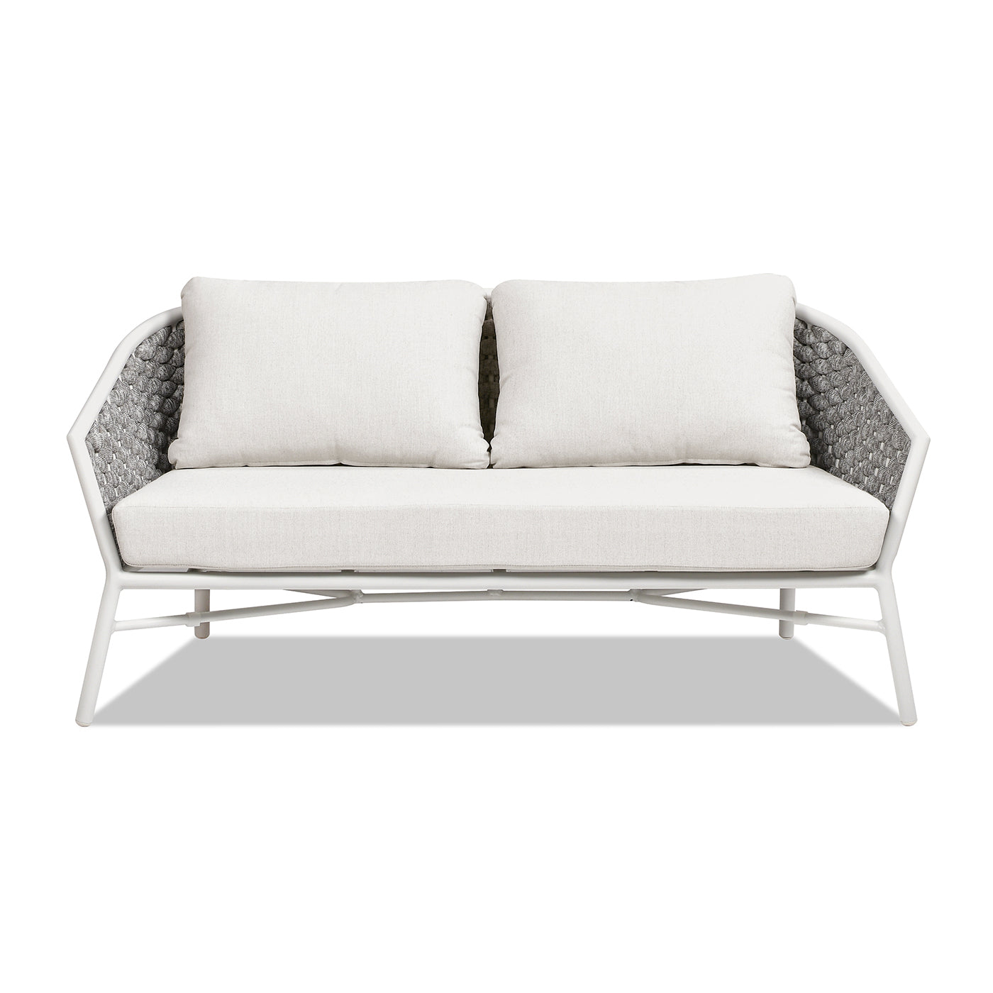Modern white aluminum loveseat with grey woven sides and cream cushions