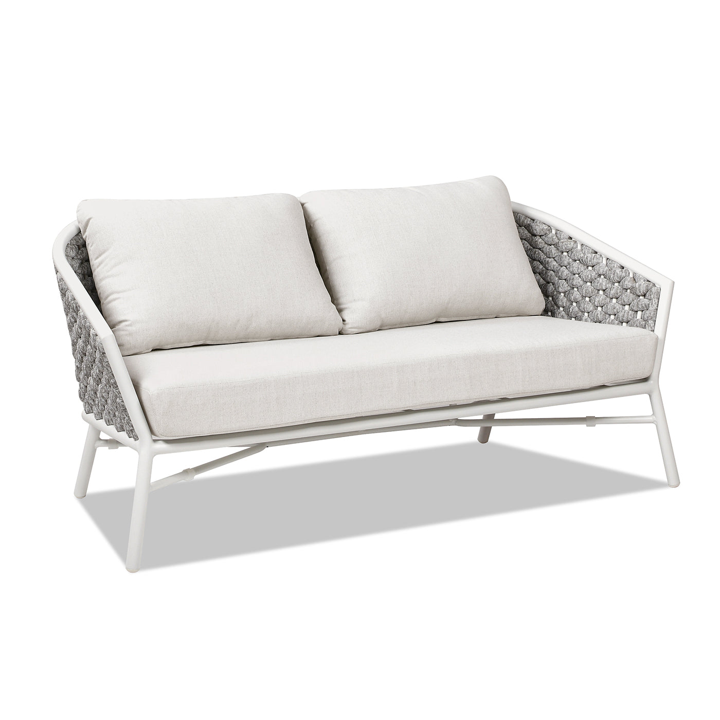 White aluminum loveseat with woven grey sides and beige cushions