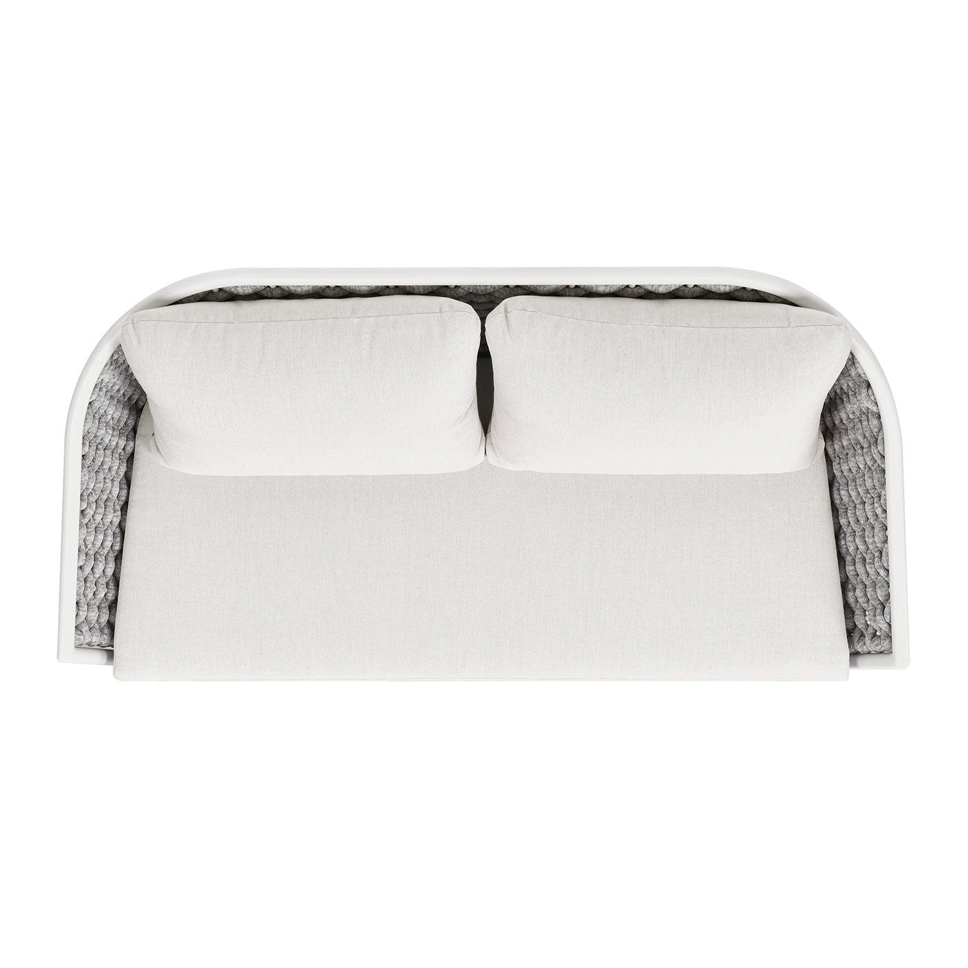 White outdoor sofa with woven sides and plush cushions