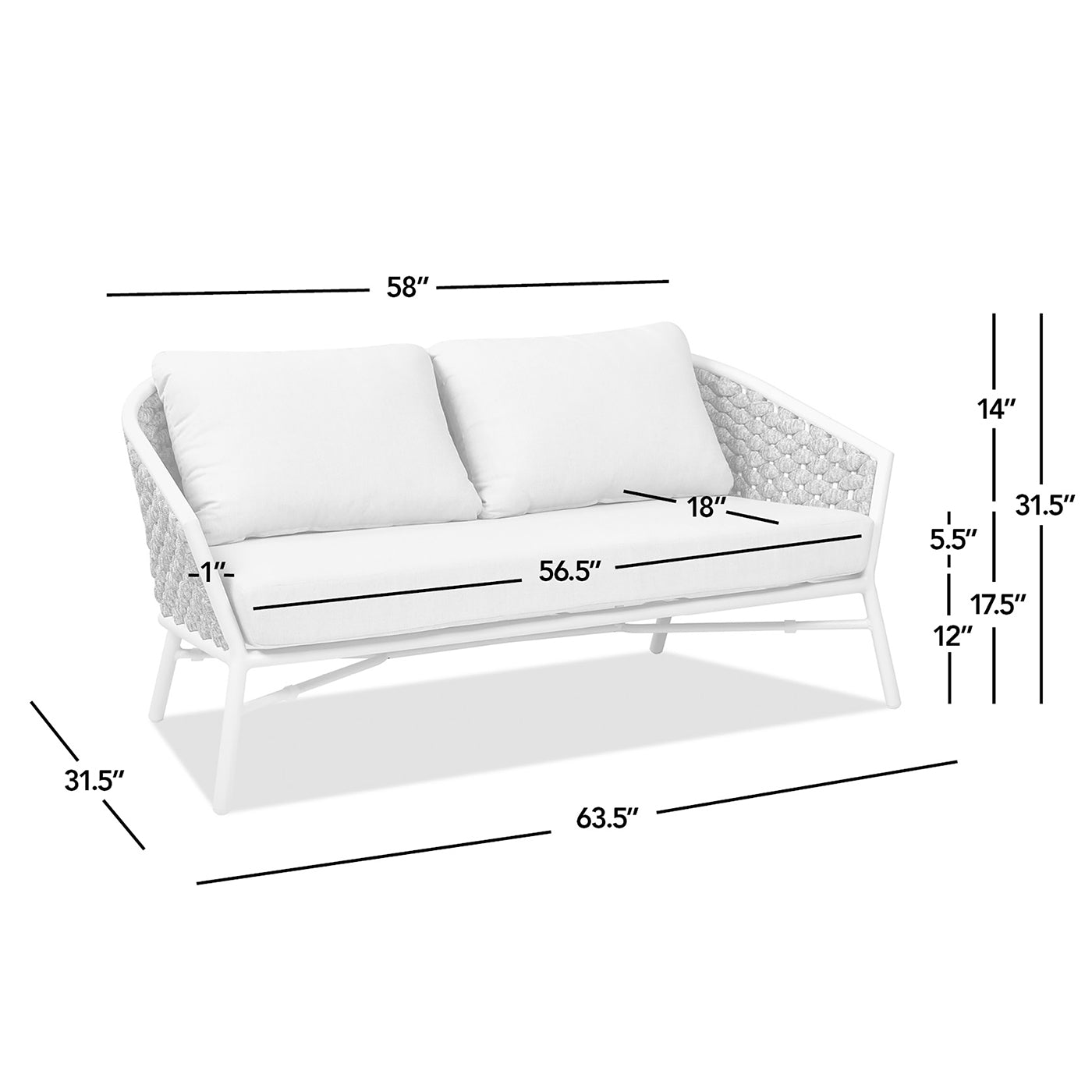 White woven outdoor loveseat with plush cushions