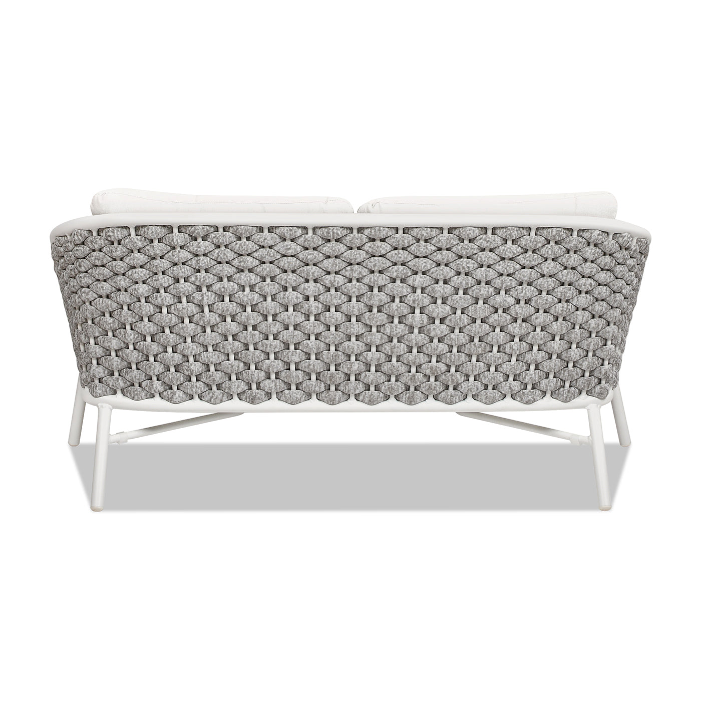 Woven grey outdoor loveseat with white frame and cushions