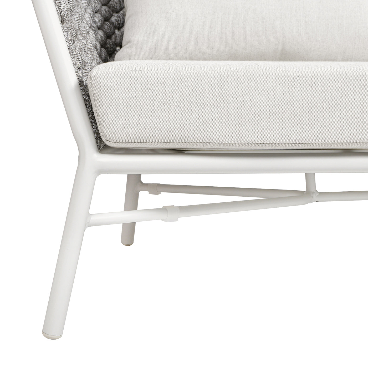 White modern chair with woven grey back and light grey cushion