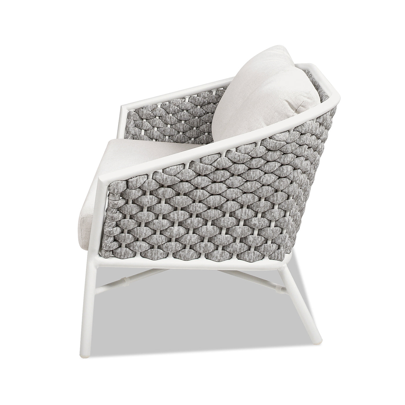 Gray woven outdoor chair with white frame and light cushion