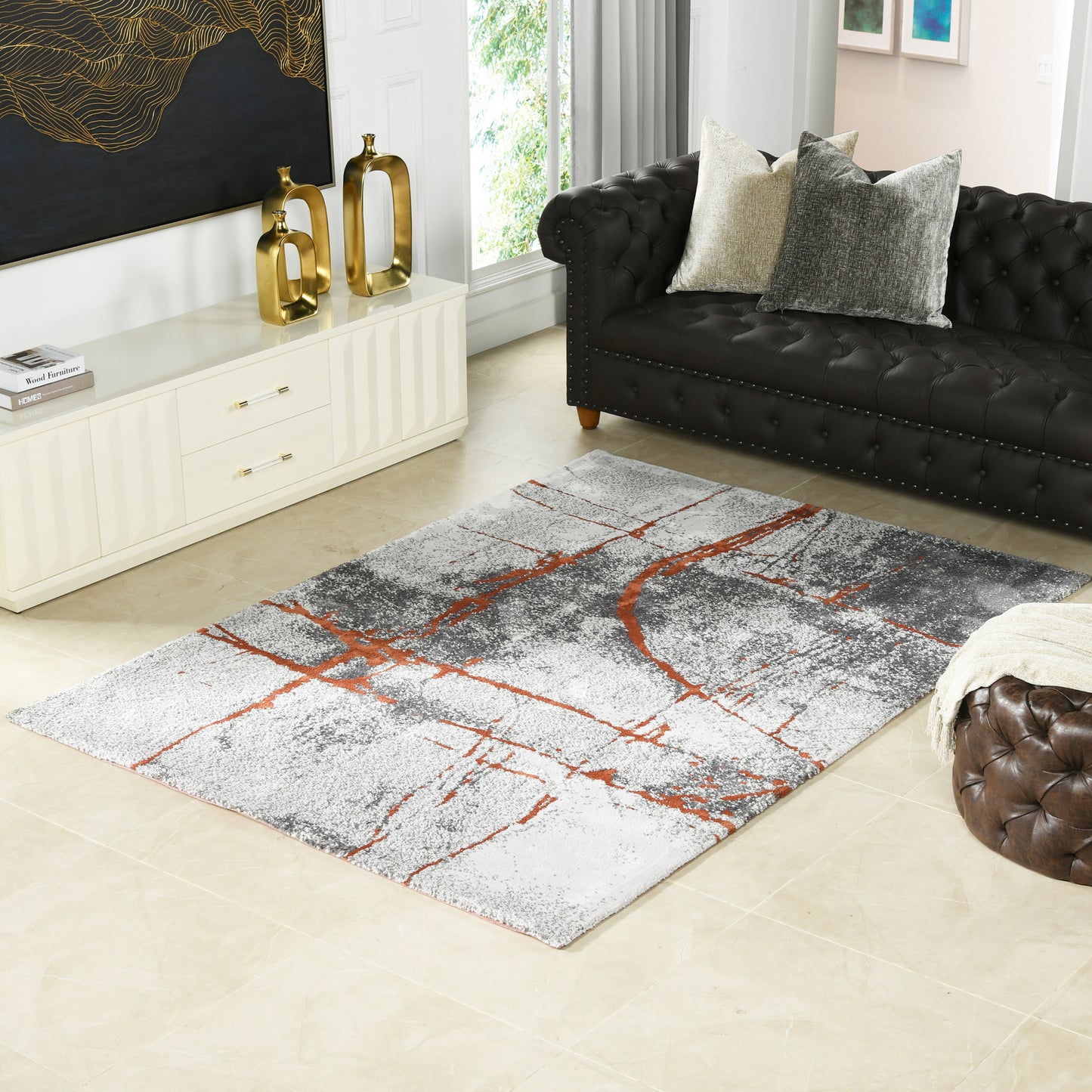 Abstract gray and white rug with orange lines
