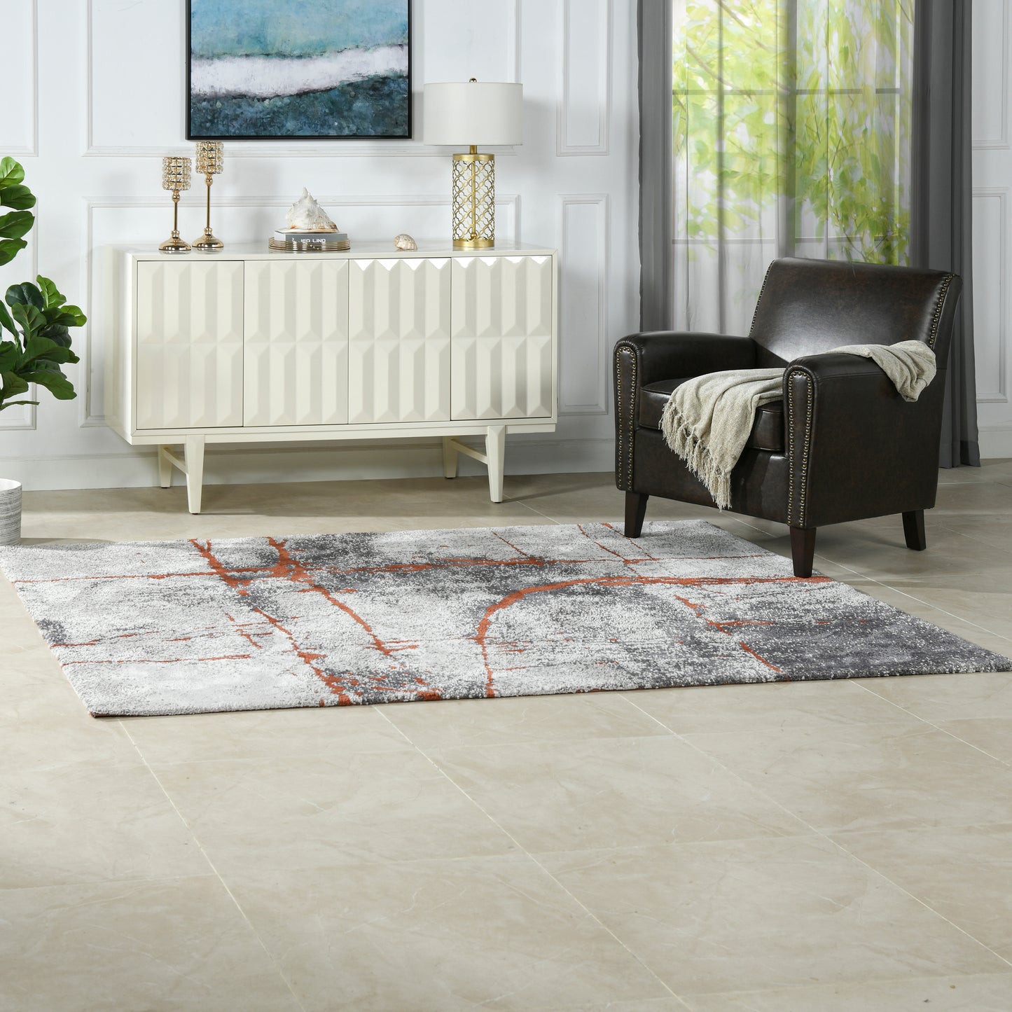 Modern abstract rug with gray and orange geometric pattern x size