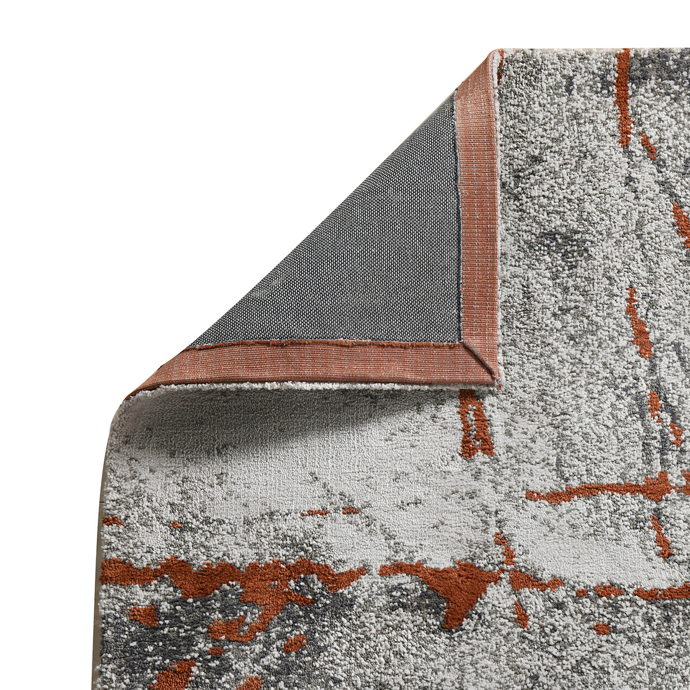Grey abstract area rug with orange accents and textured surface
