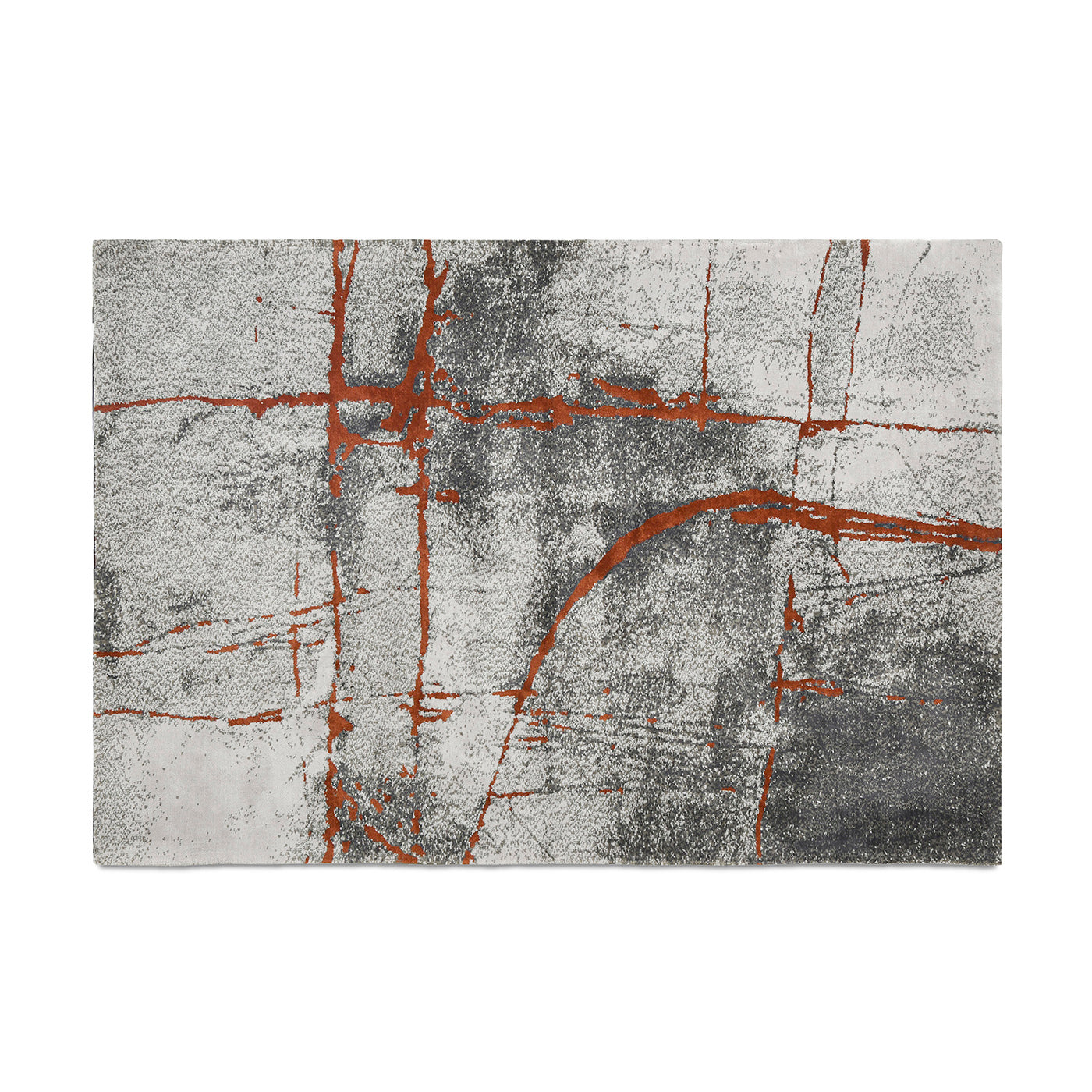 Abstract grey rug with striking burnt orange line art pattern