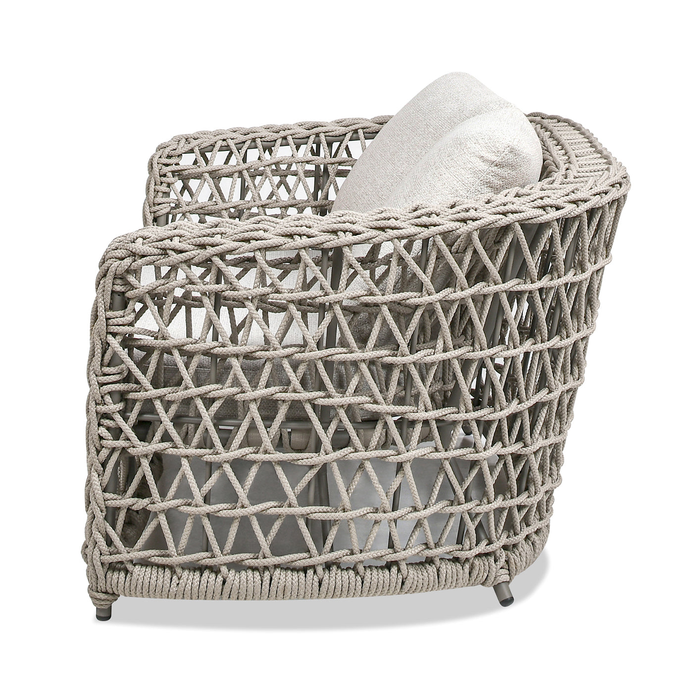 Gray woven outdoor armchair with beige cushions