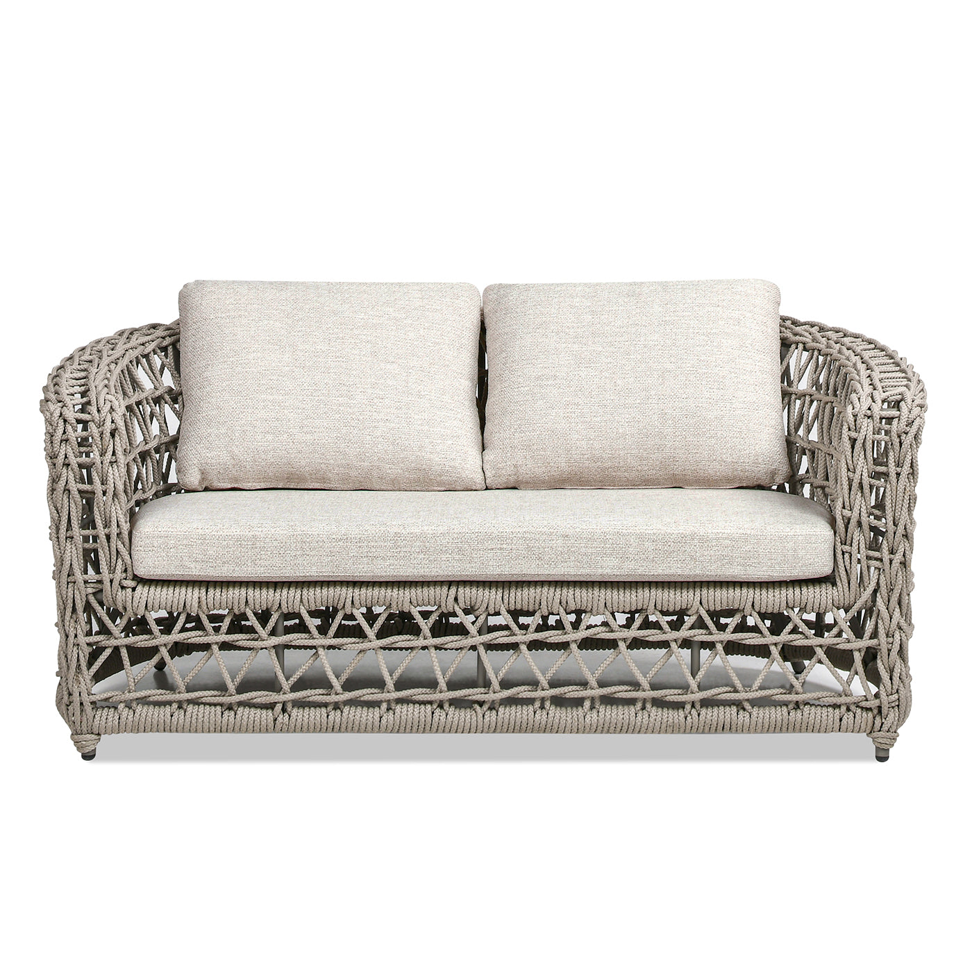 Gray rope outdoor loveseat with cream cushions