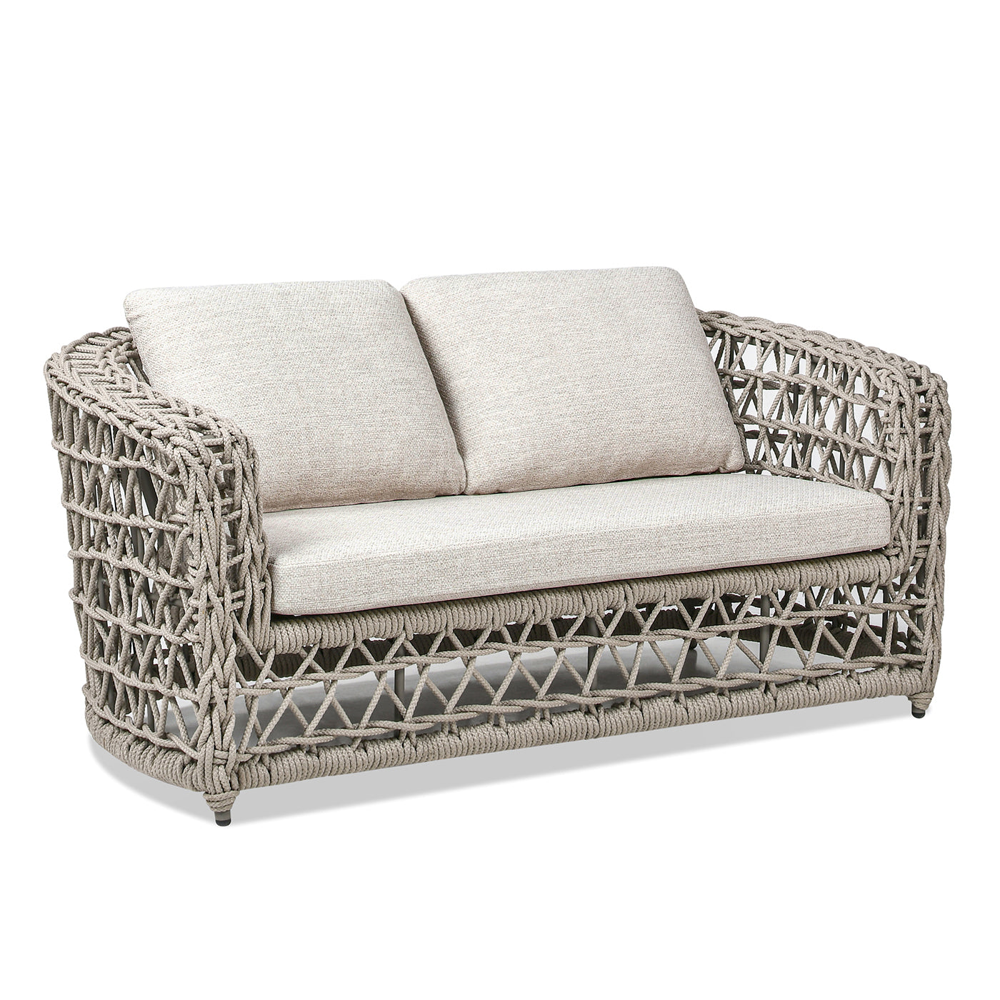 Gray woven outdoor sofa with beige cushions