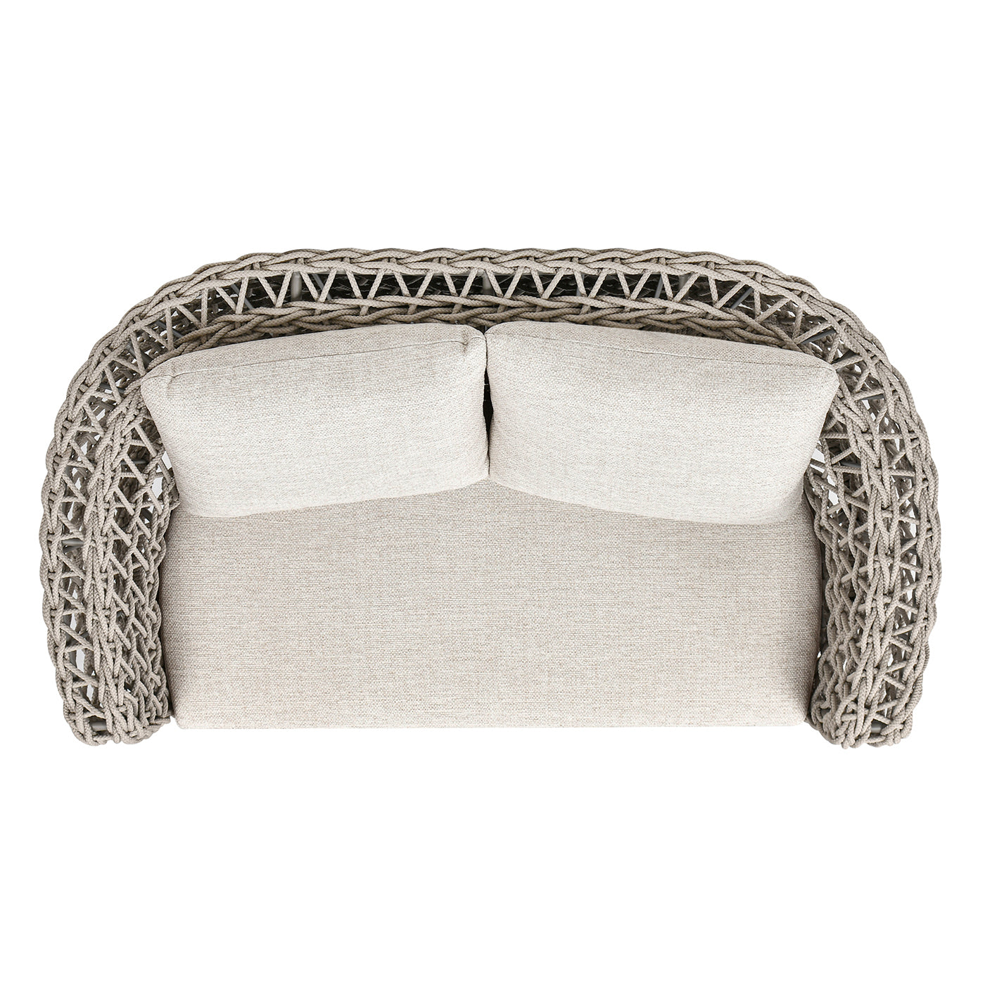 Woven grey rattan outdoor loveseat with beige textured cushions