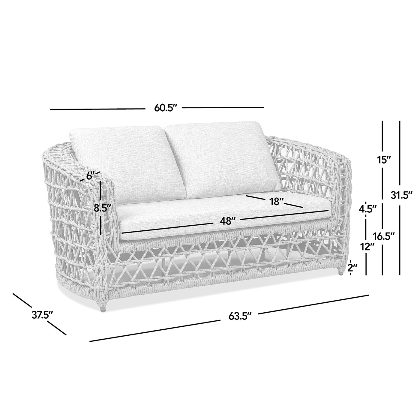 White wicker outdoor loveseat with plush cushions  width