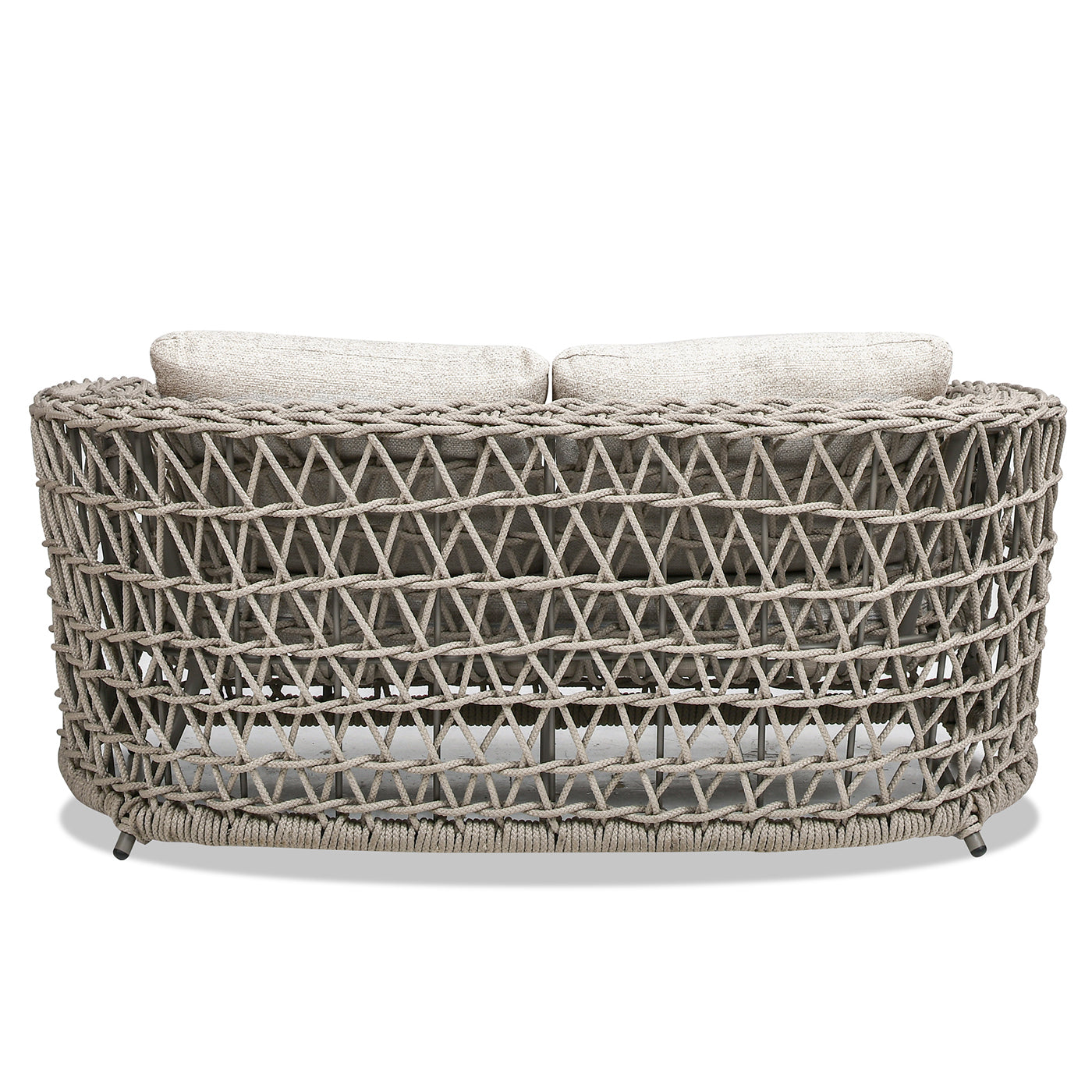 Woven grey rope outdoor loveseat with plush beige cushions
