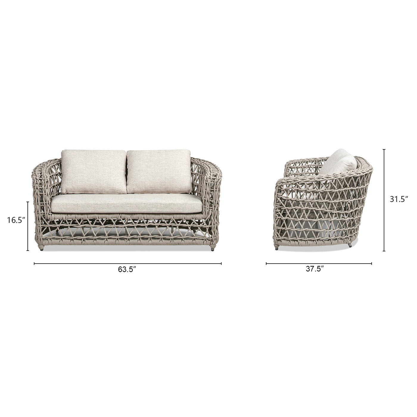 Gray wicker loveseat with light beige cushions modern outdoor furniture style