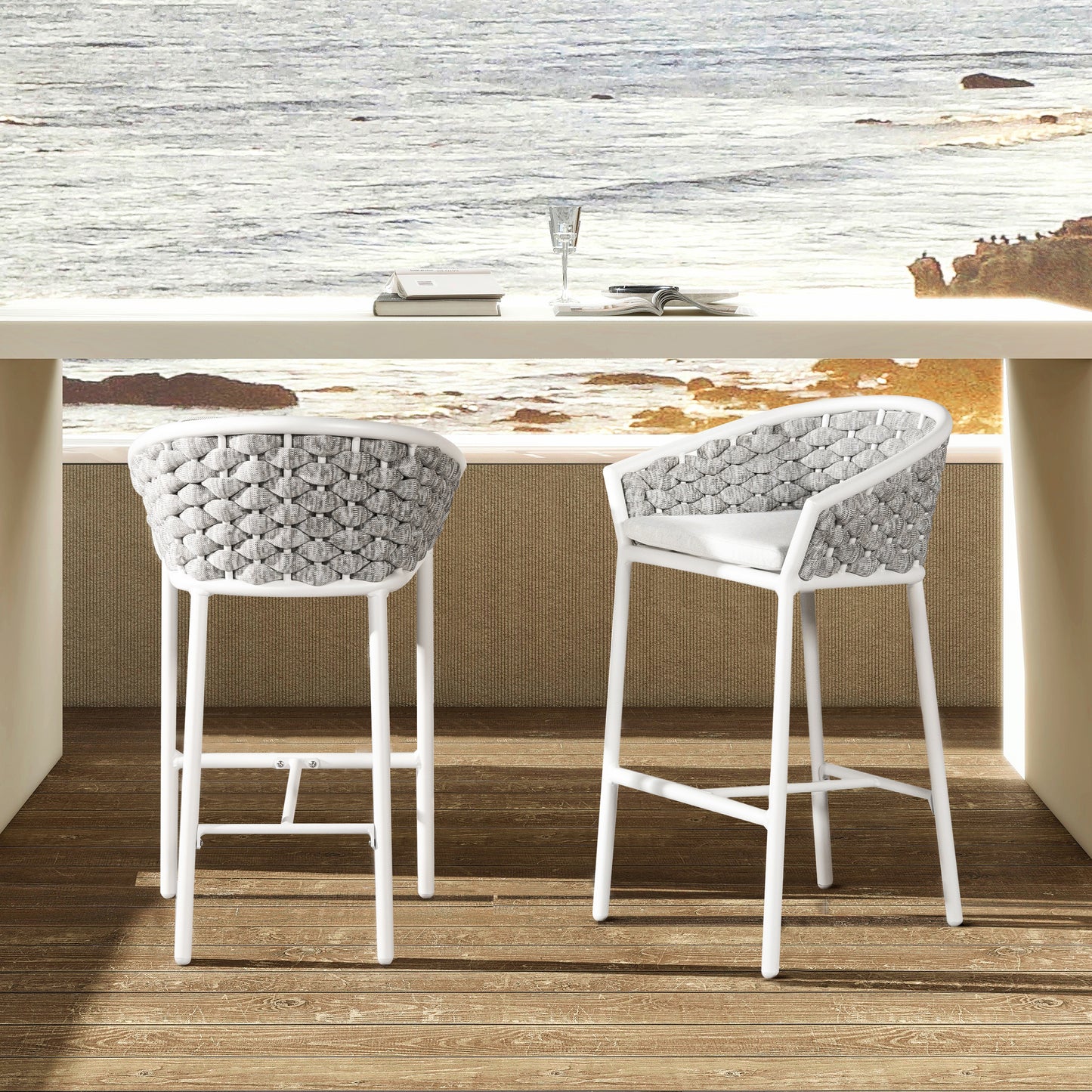 White woven bar stool with comfortable seating for kitchen island