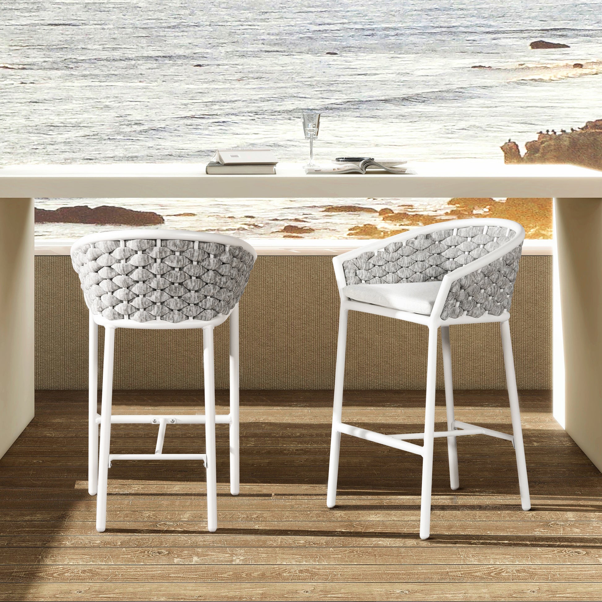 White woven bar stool with comfortable seating for kitchen island