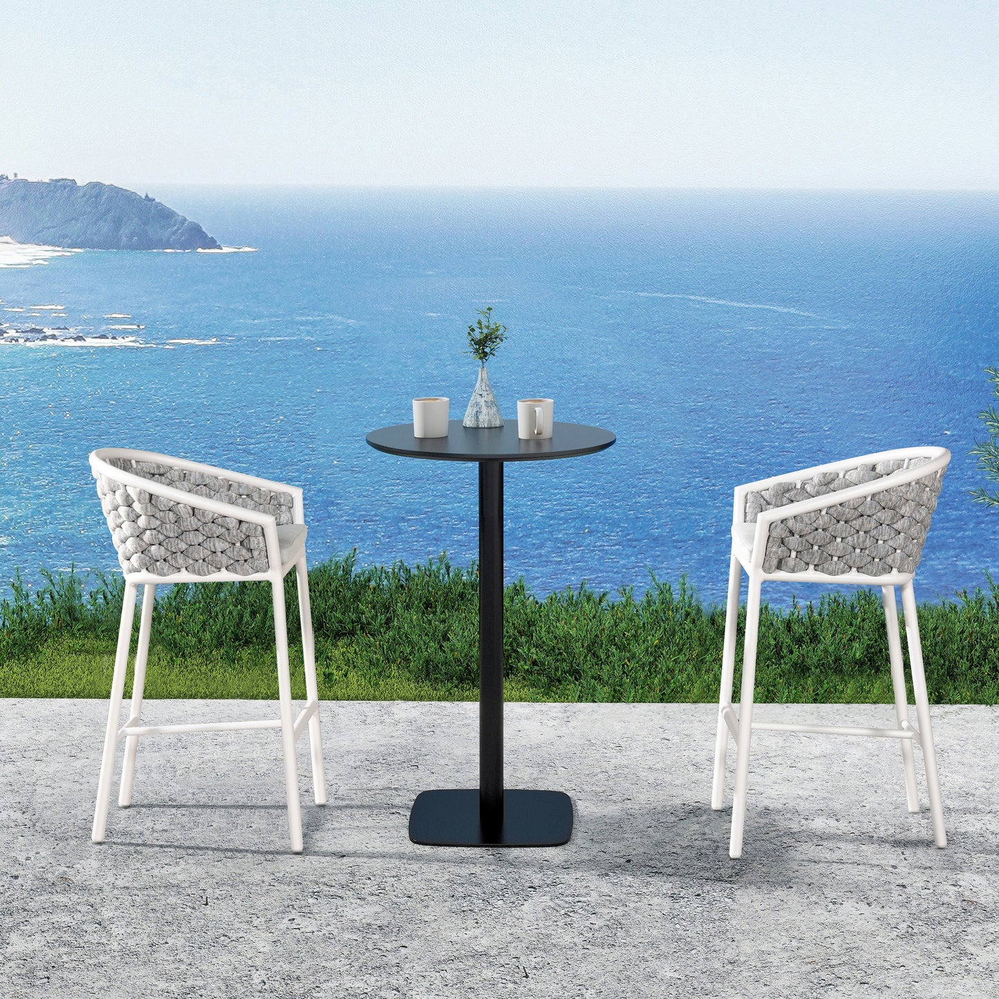 Modern outdoor bar stool with grey woven seat and white frame
