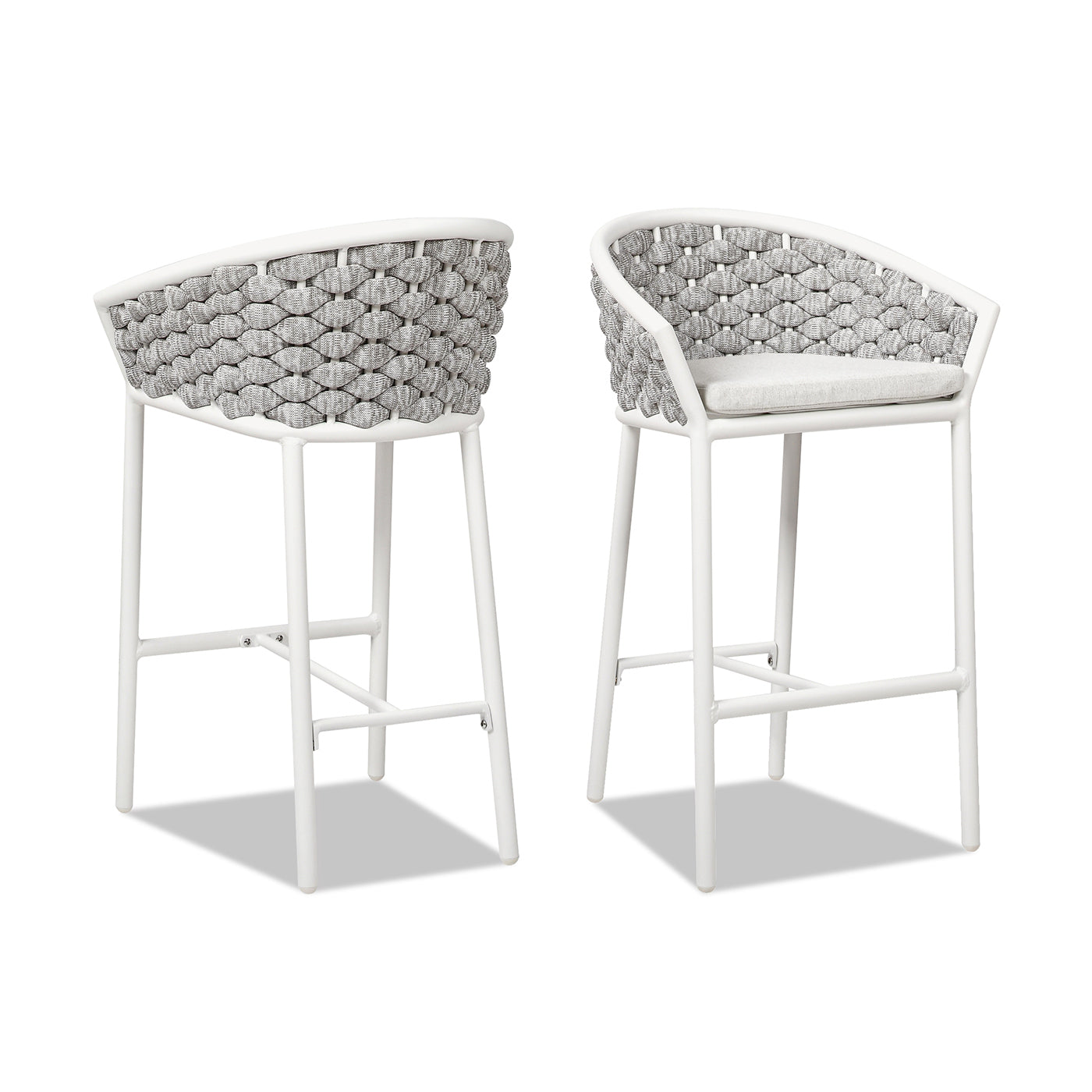 White metal bar stool with gray woven seat
