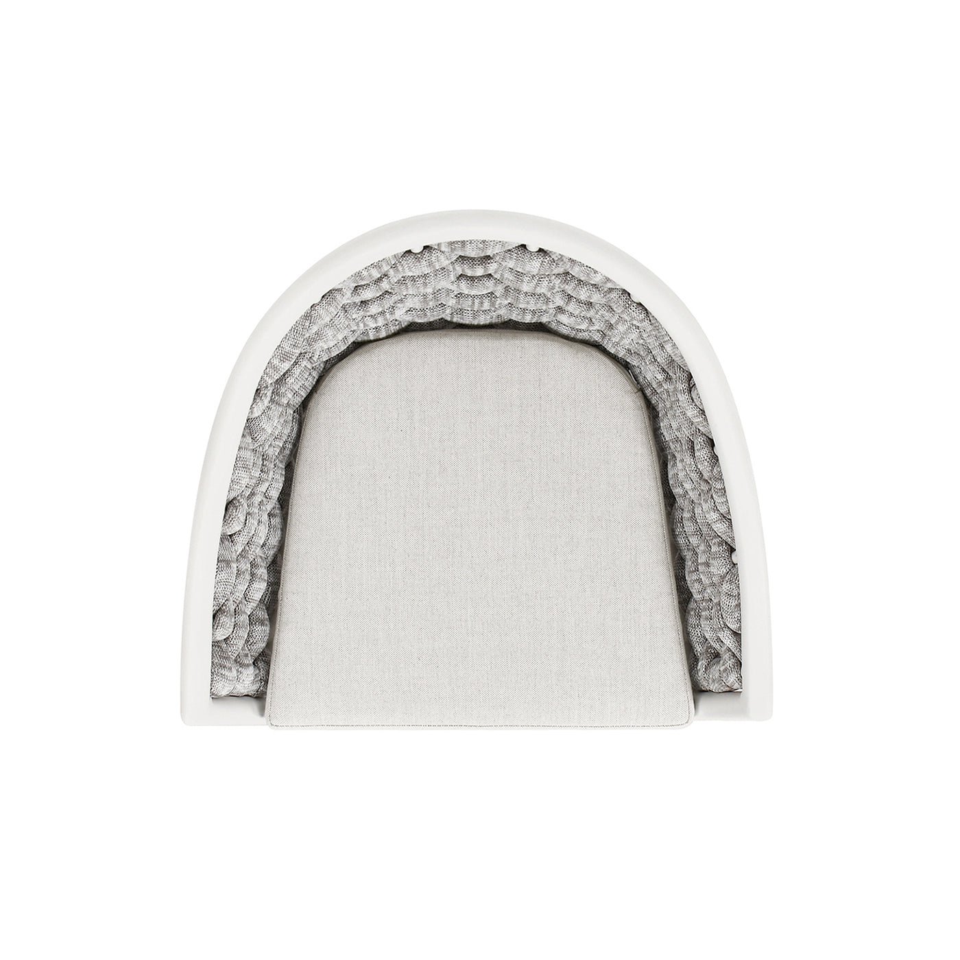 White armchair with textured grey fabric and curved back