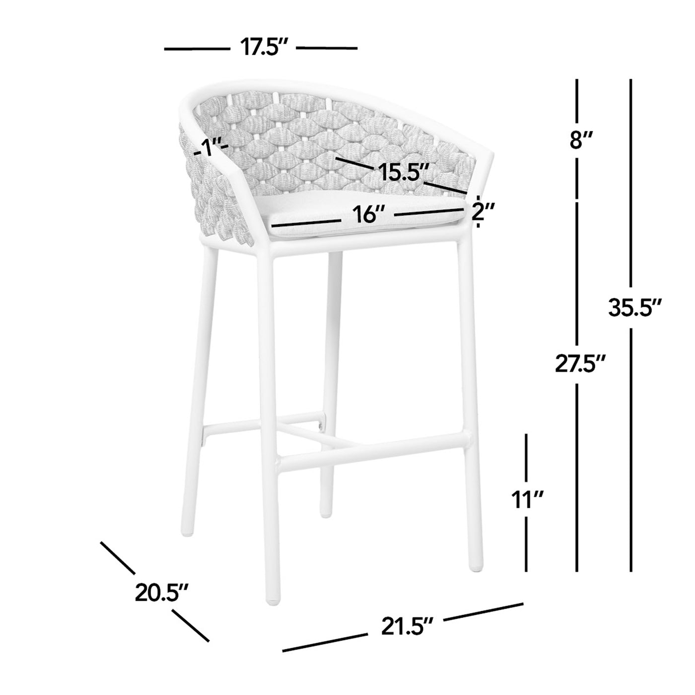White woven bar stool with padded seat and dimensions