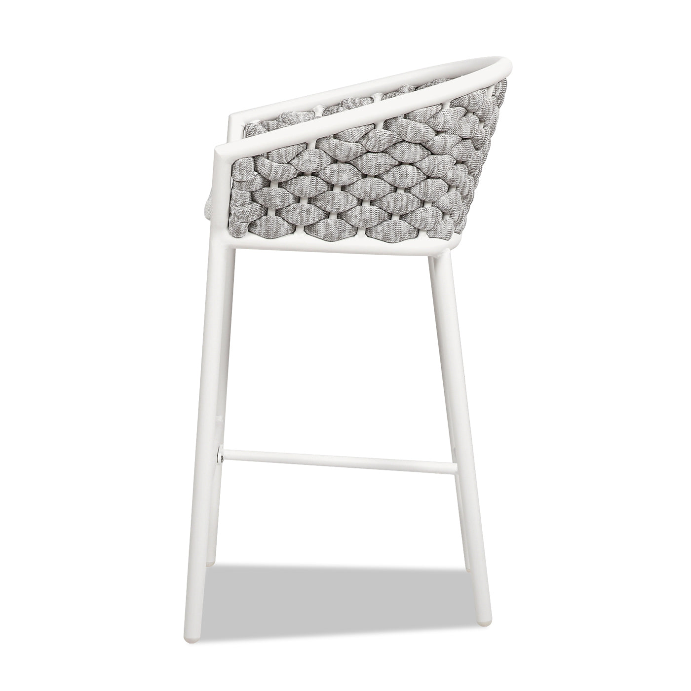 White metal frame bar stool with gray woven seat and back