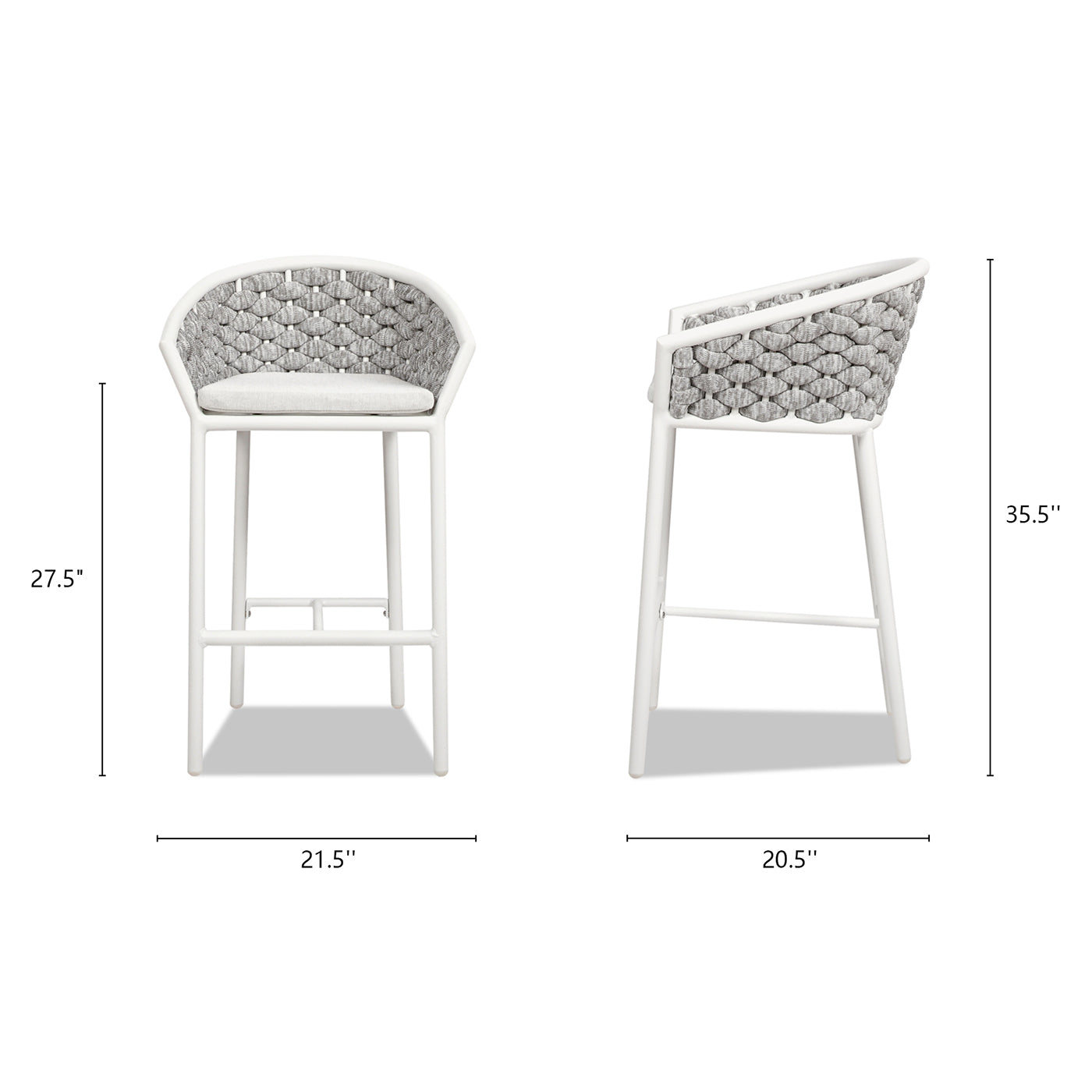 White metal bar stool with woven grey back and cushion
