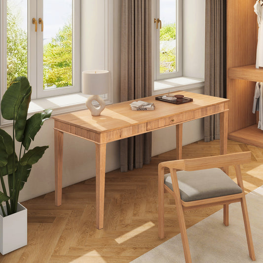 Light wood modern writing desk with two drawers and brass pulls