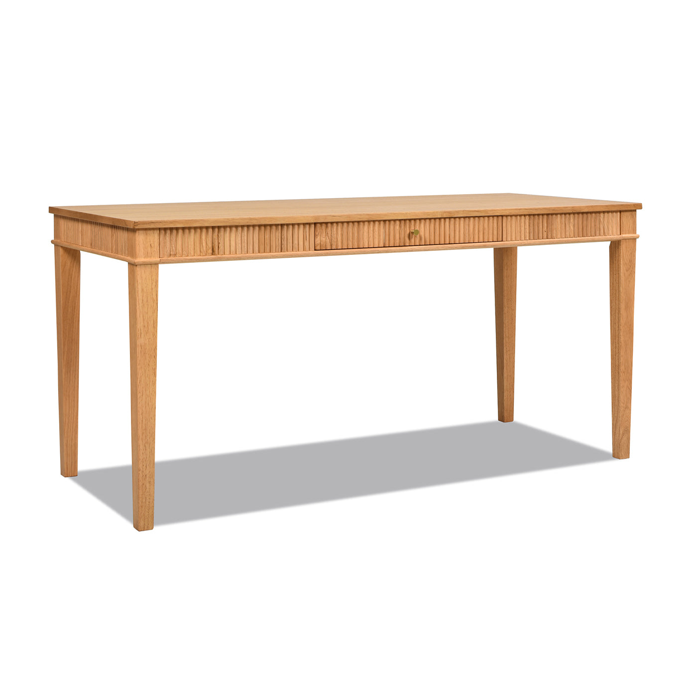 Natural oak writing desk with fluted drawer front and brass knob