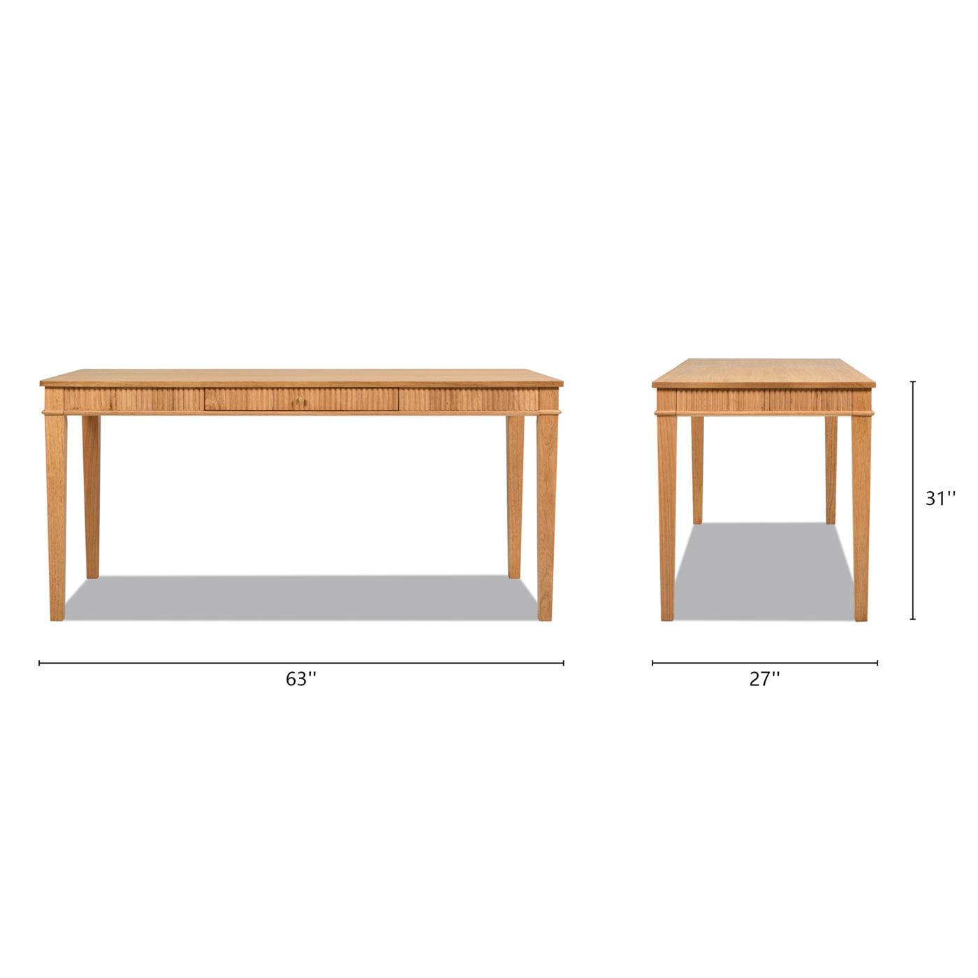 Light oak wood writing desk with fluted drawer front and brass pull