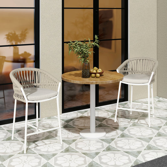Beige rope patio chairs with white frames