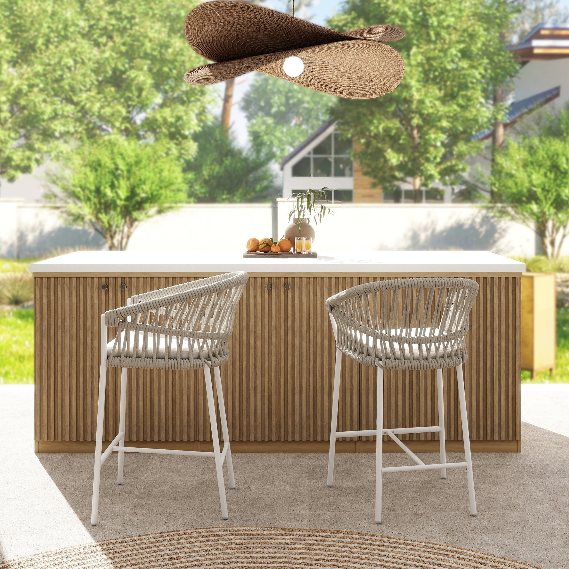 Two modern grey rope outdoor bar stools with white frames facing a light wood slatted island