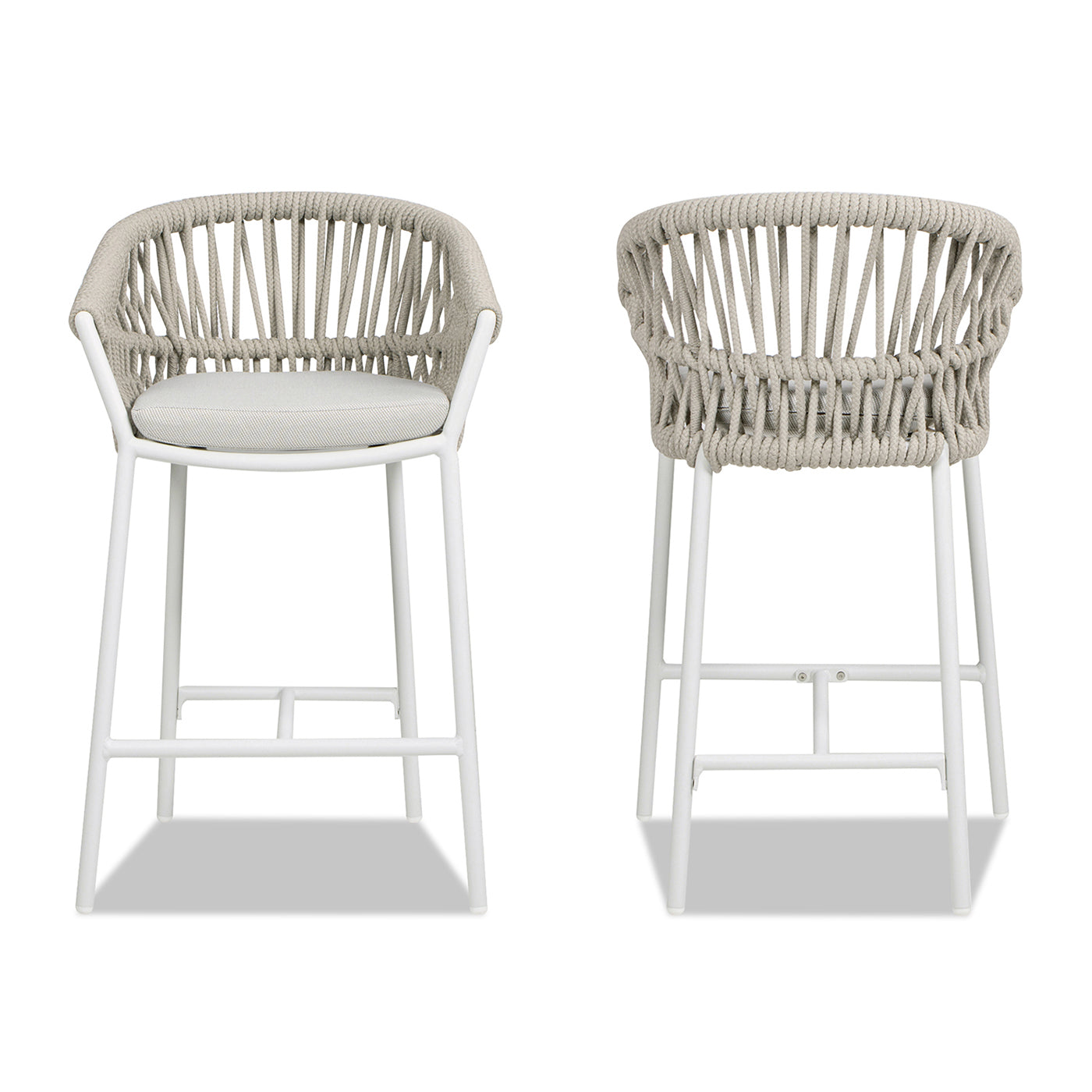 Woven rope bar stool with white metal frame and light grey cushion