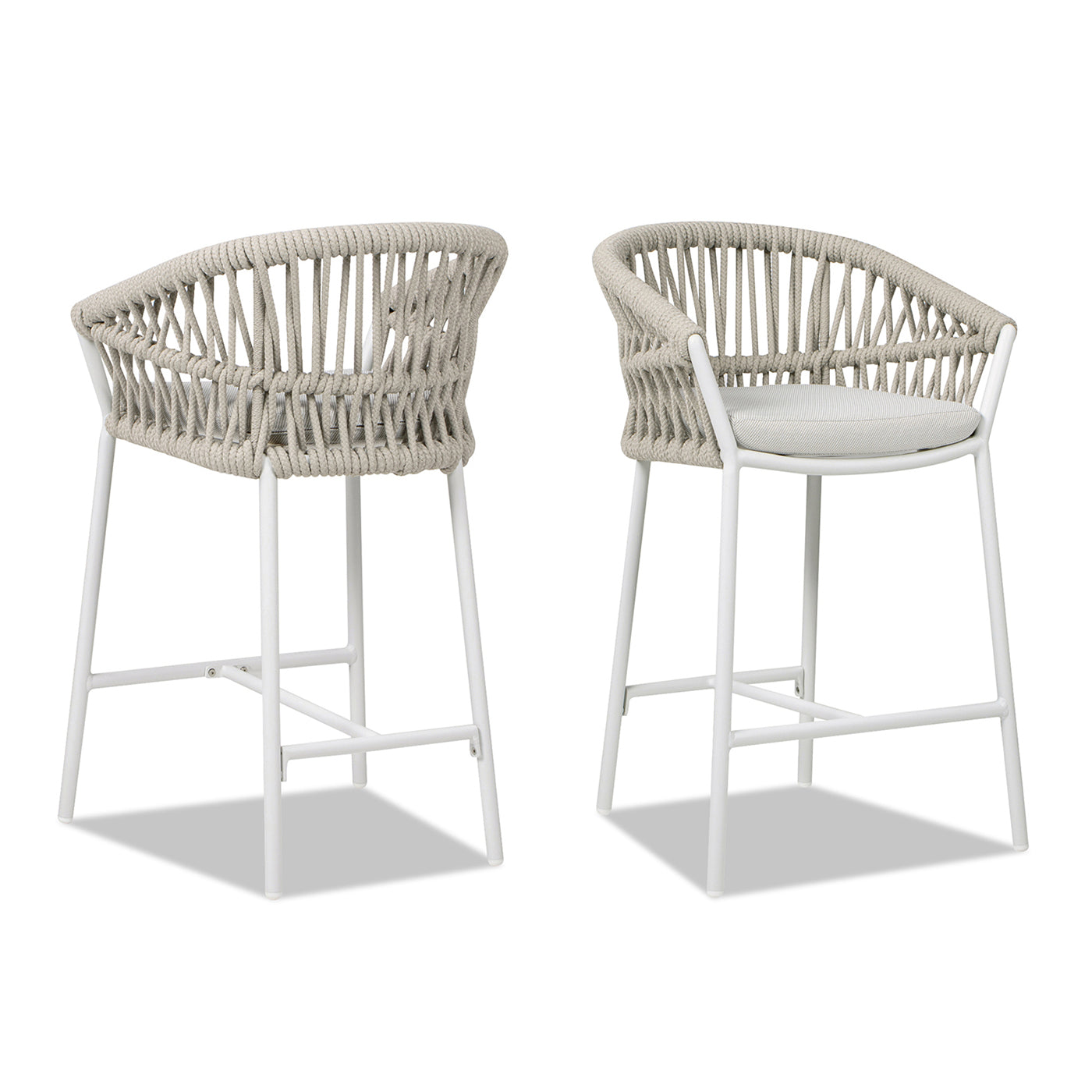 Light gray woven outdoor bar stool with white frame