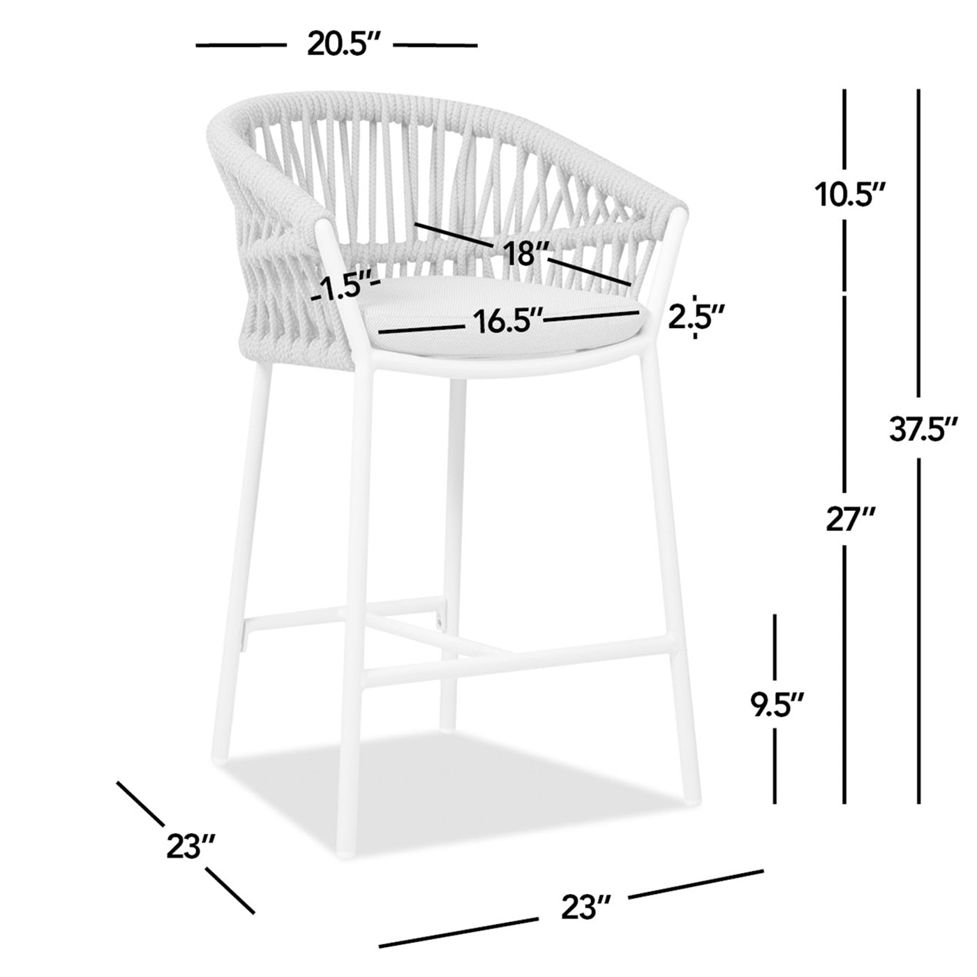 White rope back bar stool with white cushion seat and metal frame