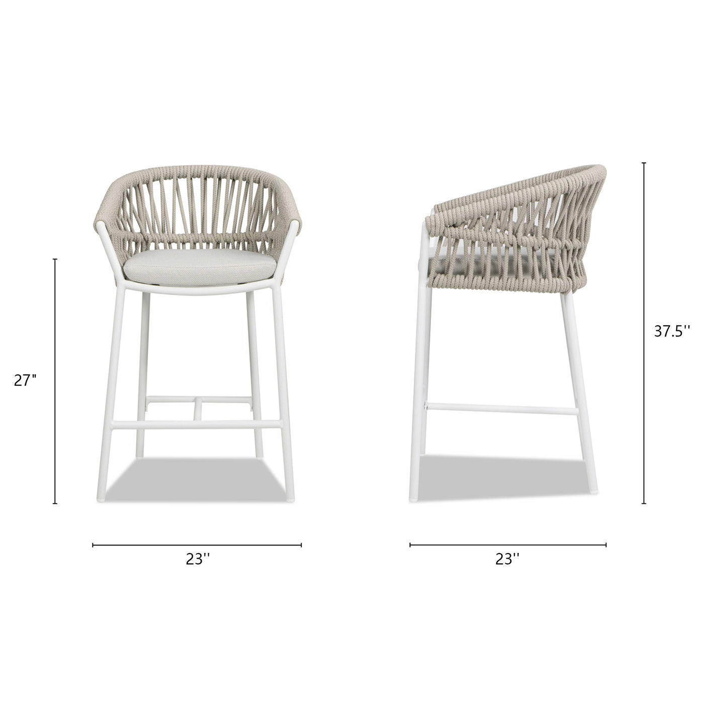 Woven outdoor bar stool with white metal frame and light gray seat cushion