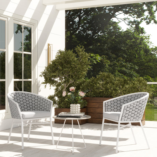 Modern outdoor patio chair with grey woven rope back and white frame