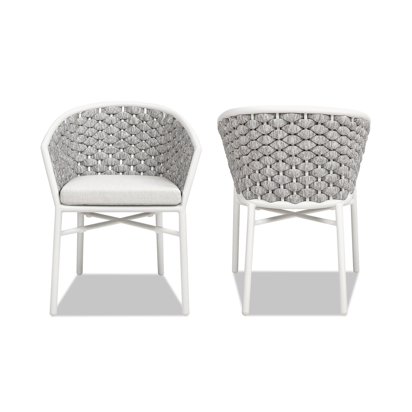 White patio chair with grey woven back and seat cushion