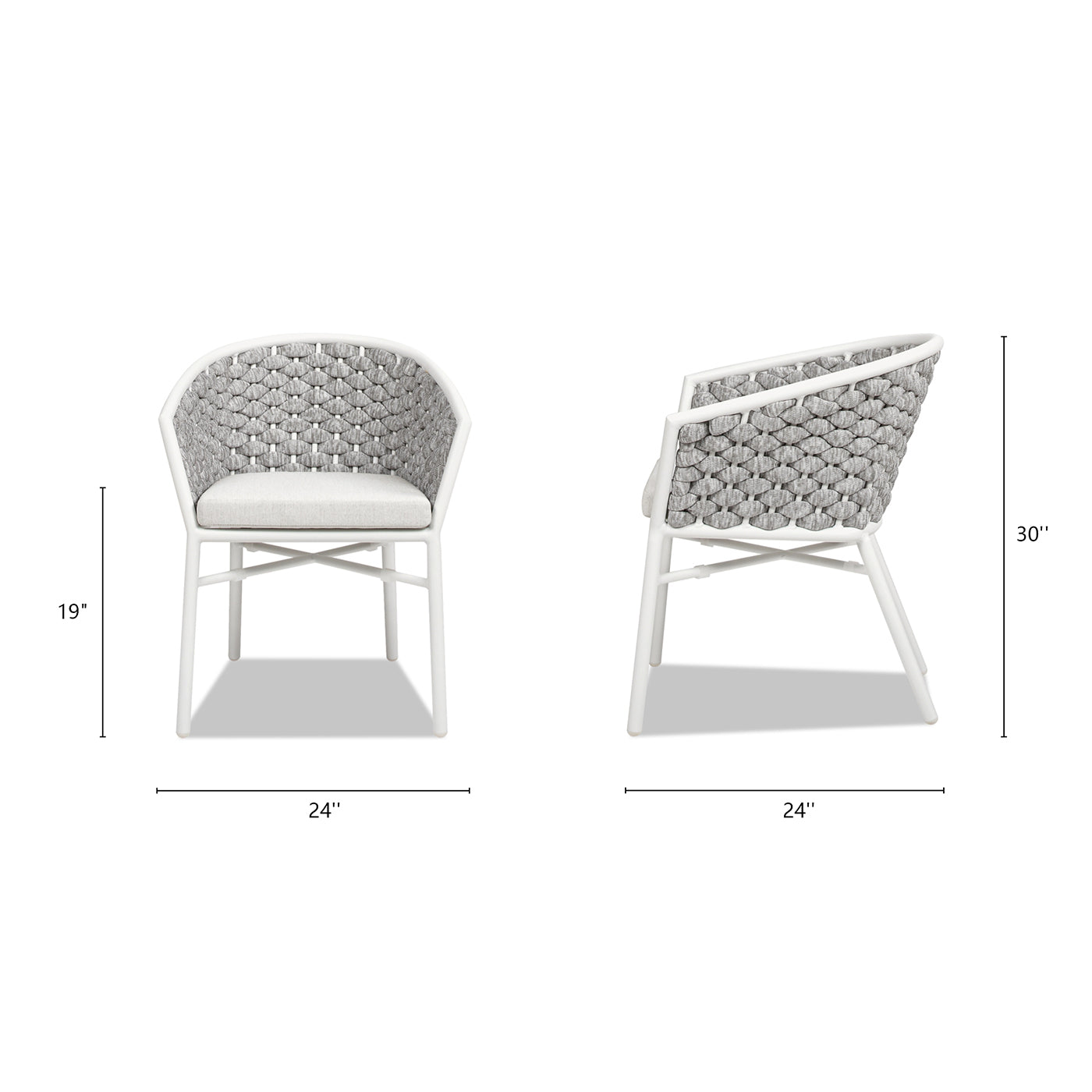 Woven outdoor armchair with white frame and grey rope