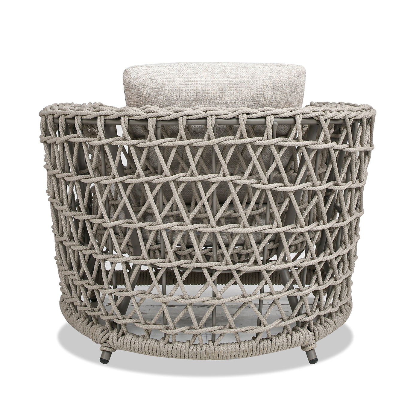 Woven rope armchair with light gray cushions and a modern design perfect for patios